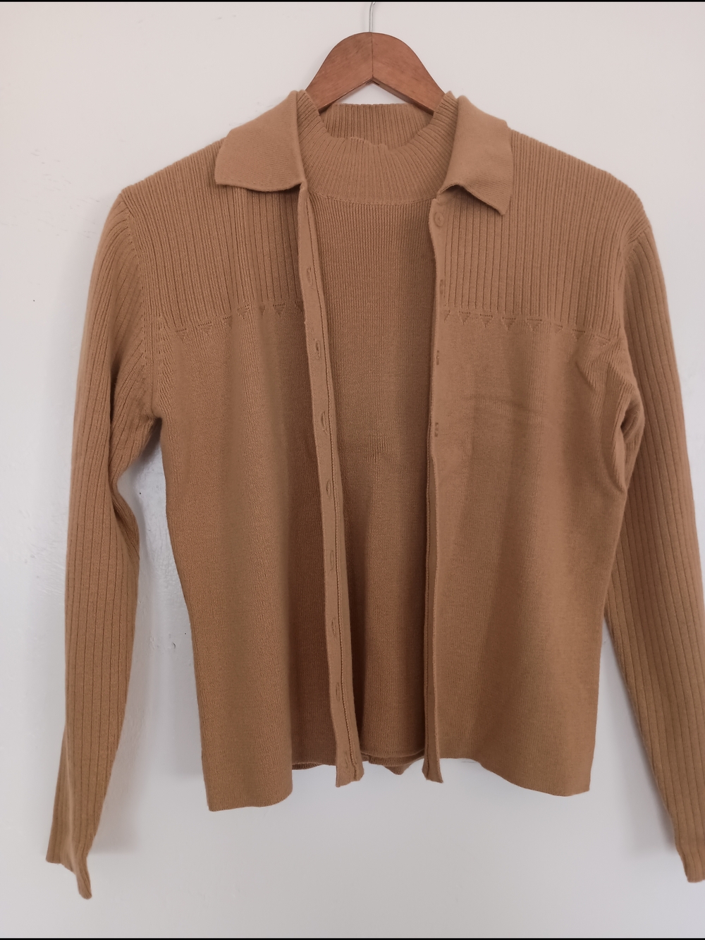 SHUSHU Beige Knit Cardigan Sweater Set Ribbed Mock Neck Women M short sleeve 2pc